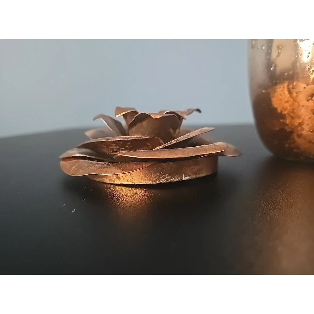 Copper Metal Rose Flower Top‎ handcrafted  bent welded & Partial Candle Glass